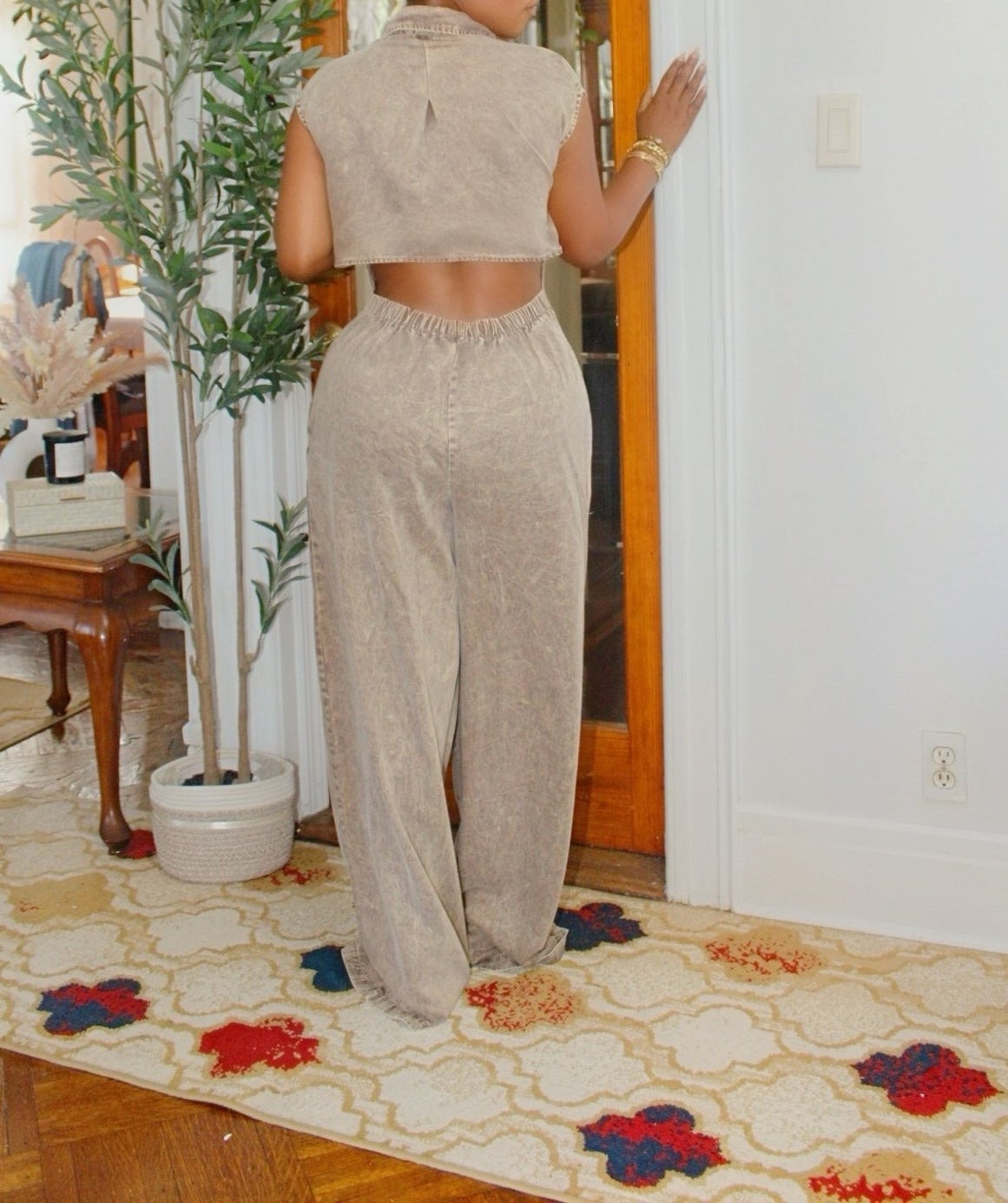 Open Back Washed Denim Jumpsuit