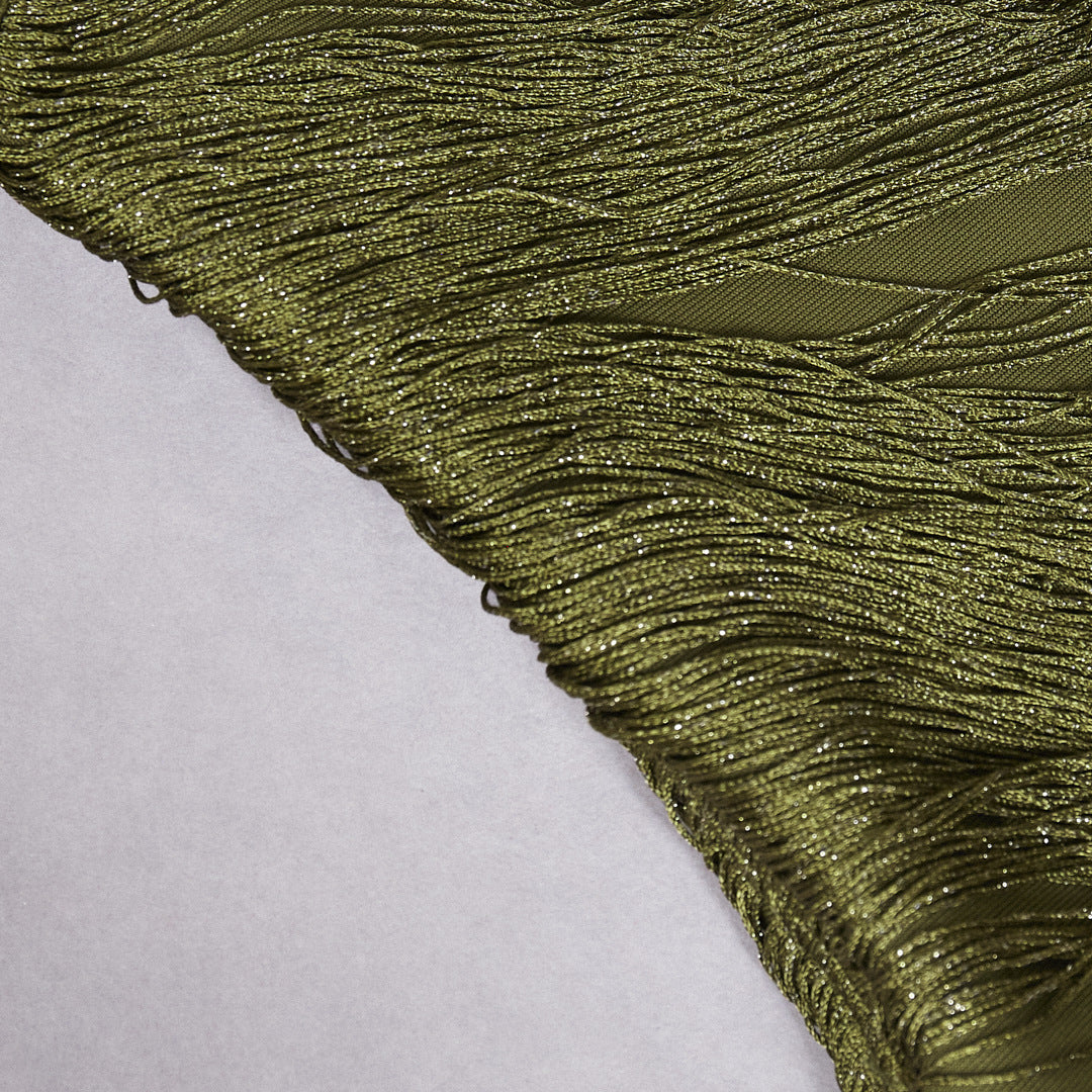 Sleeveless High-neck Fringe Paneled Top & Satin Skirt Set
