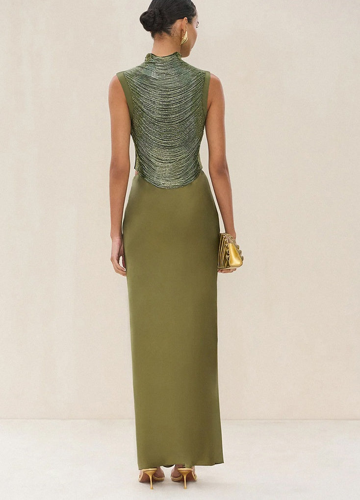 Sleeveless High-neck Fringe Paneled Top & Satin Skirt Set