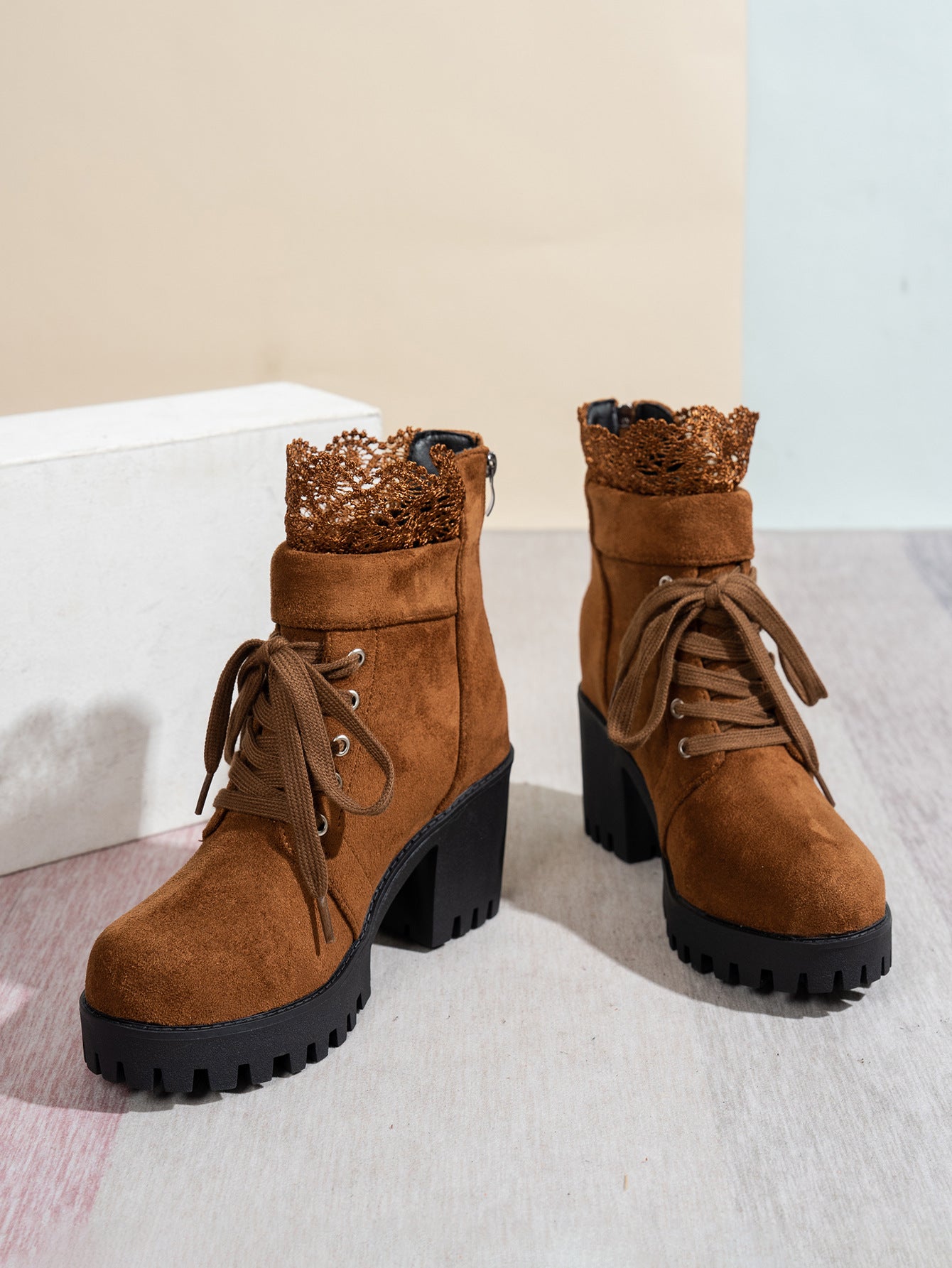 Zipper Design Embroidered Platform Ankle Boots