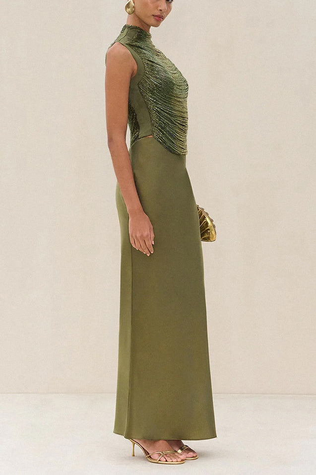 Sleeveless High-neck Fringe Paneled Top & Satin Skirt Set