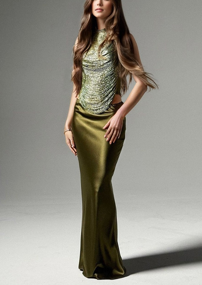 Sleeveless High-neck Fringe Paneled Top & Satin Skirt Set