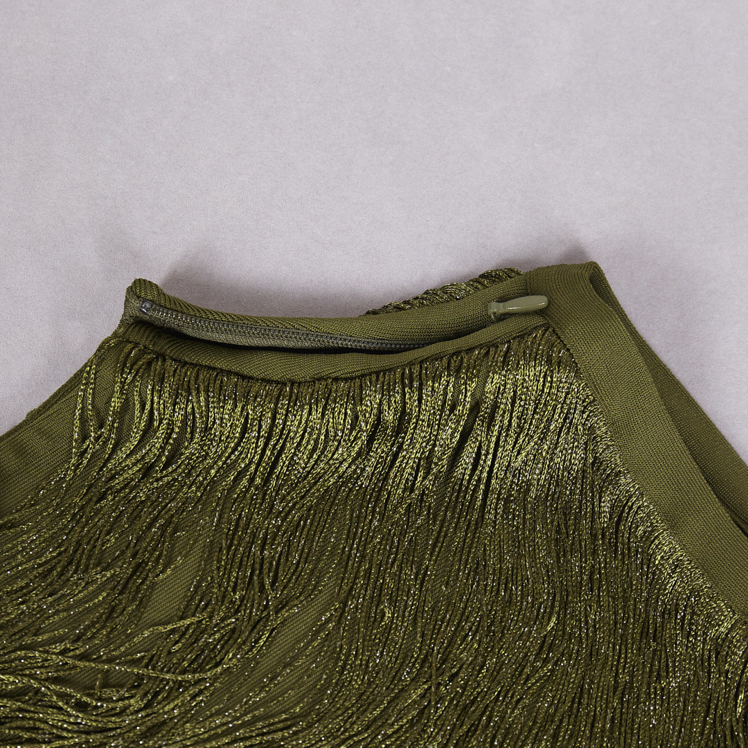 Sleeveless High-neck Fringe Paneled Top & Satin Skirt Set