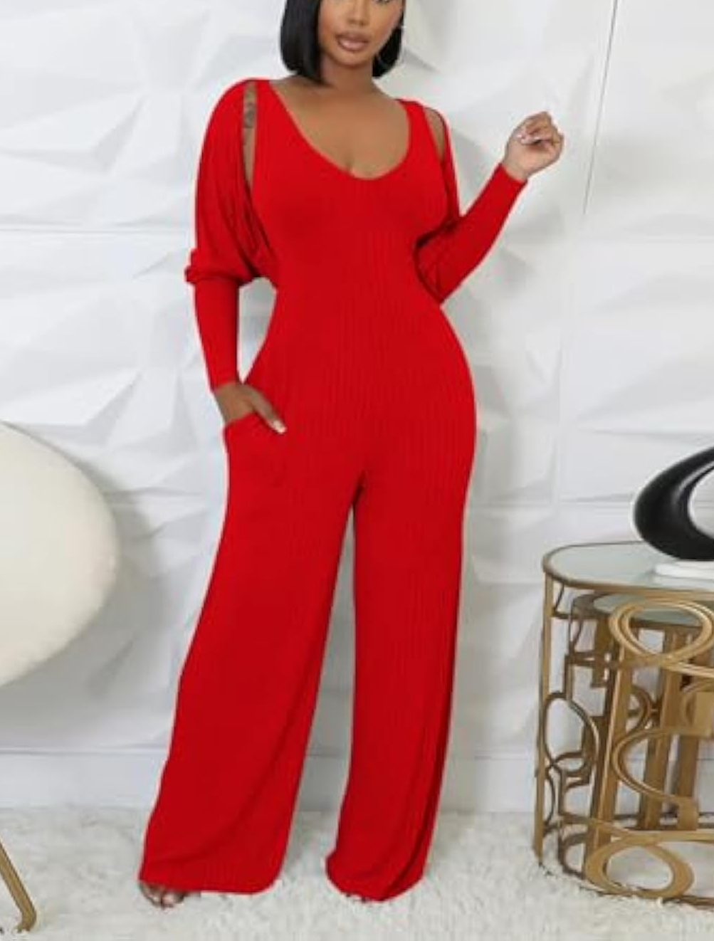 Long Sleeve Cape-style Vest Jumpsuit Set