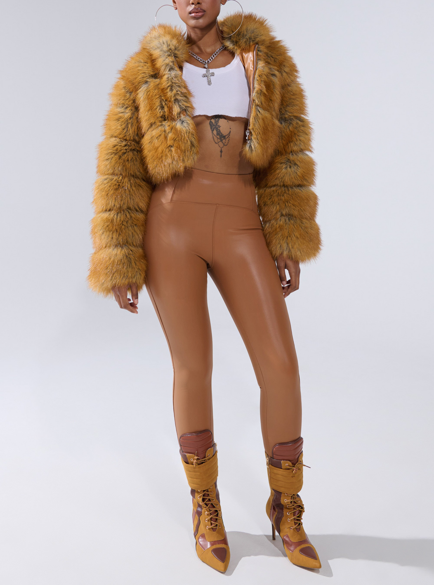 Golden Hooded Faux Fur Coat