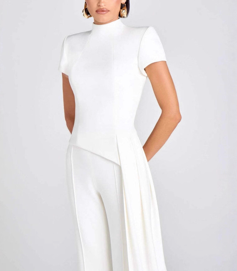 Asymmetrical Turtleneck Top With Draped Pants