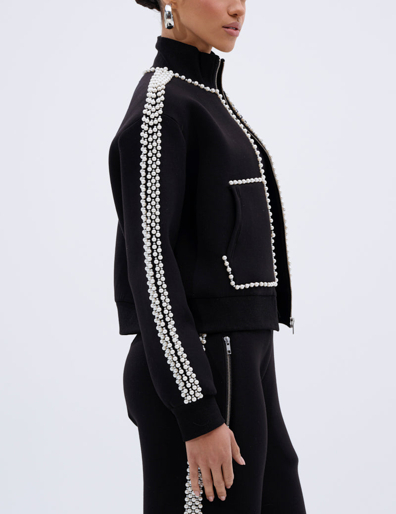 Metal Ball Decorated Zipper Sweatshirt Pants Suit