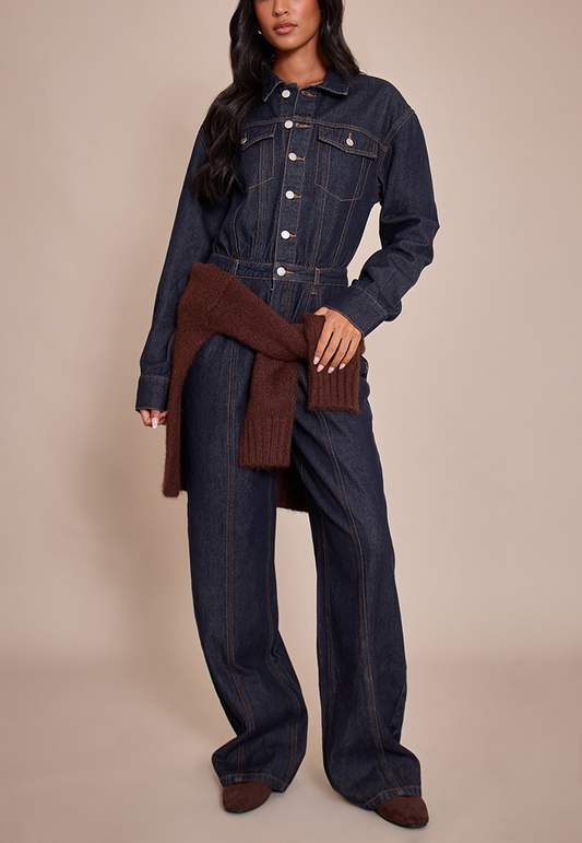 Long-sleeved Denim Jumpsuit