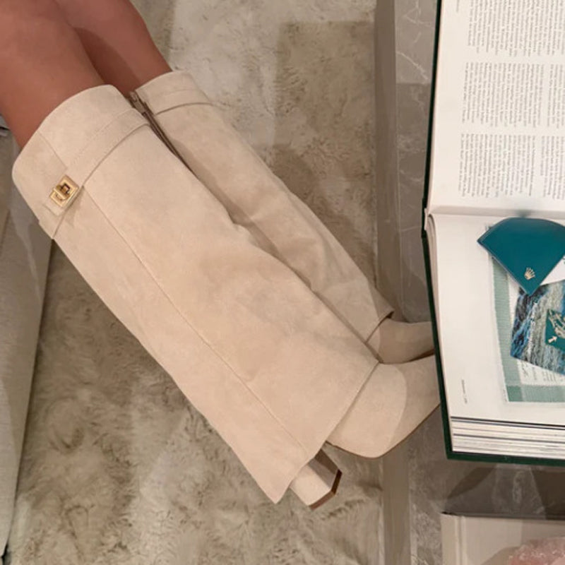 Point Toe Straight Metal Buckle Tall Boots