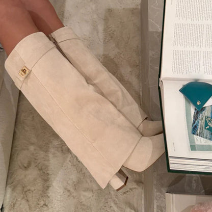 Point Toe Straight Metal Buckle Tall Boots