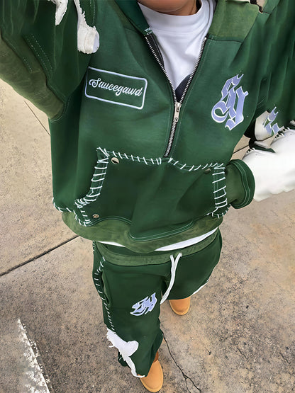 Hooded Embroidered Drawstring Waist Two Pieces Set