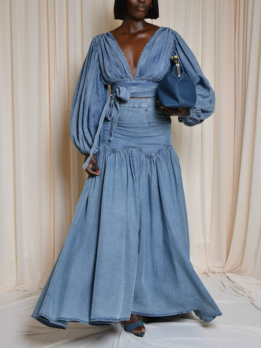 Puff-sleeved Open-back Denim Suit