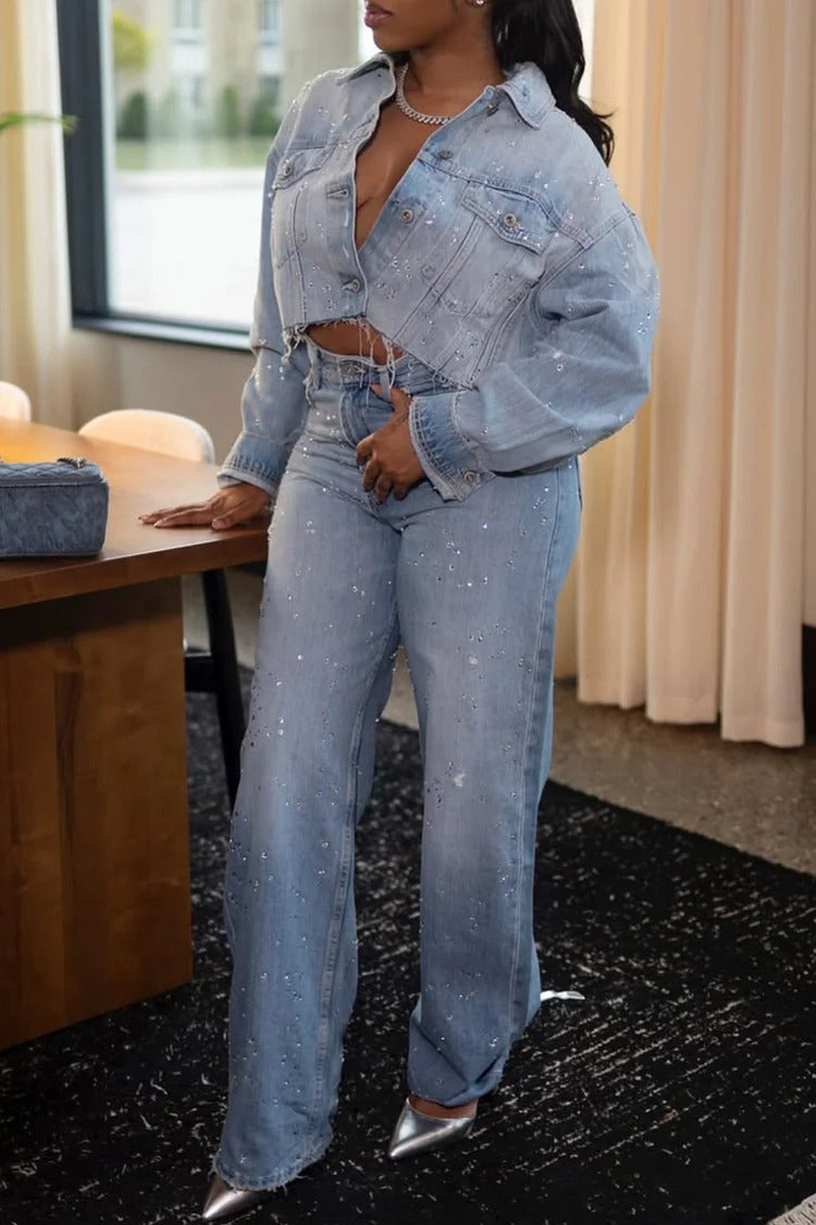 Plus Size Embellished Denim Jacket And Pant Sets