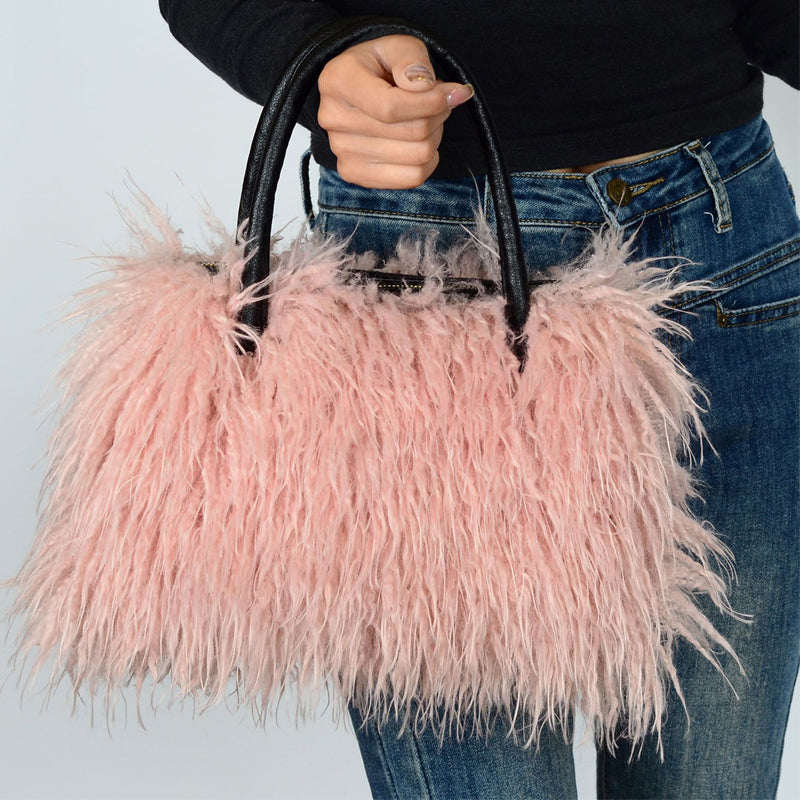 Imitation Wool Tote Bag With Genuine Leather Handles Handbag