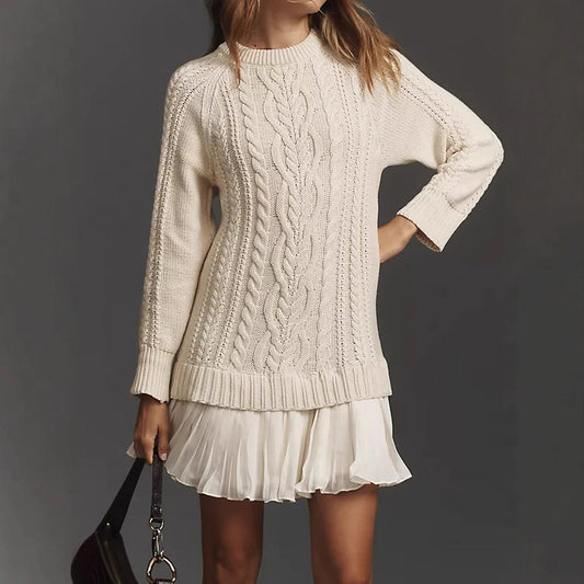 Women Crewneck Cable Knit Sweater Mini Dress