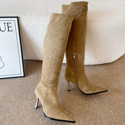 Suede Pointed Toe Stiletto High Heel Pleated Boots