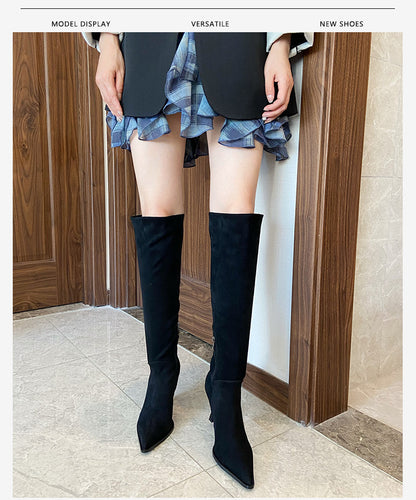 Suede Pointed Toe Stiletto High Heel Pleated Boots