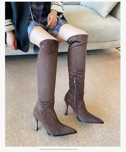 Suede Pointed Toe Stiletto High Heel Pleated Boots