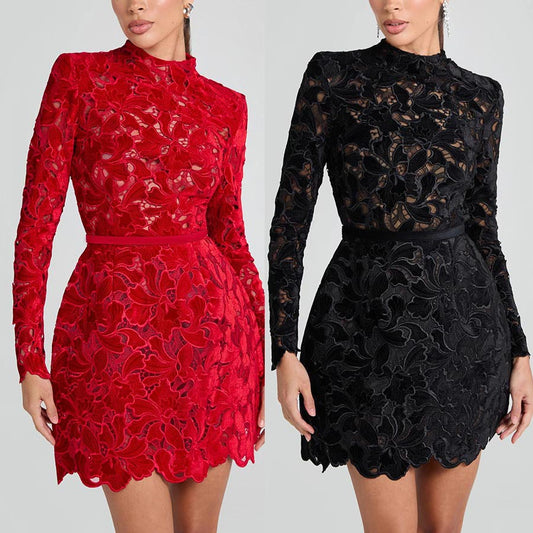 High Scoop Neck Velvet Lace Embroidered Mini Dress