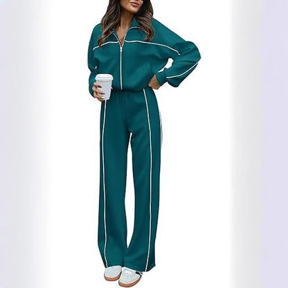 Long-sleeved Zip-up Top And Belted Straight-leg Pants Suit