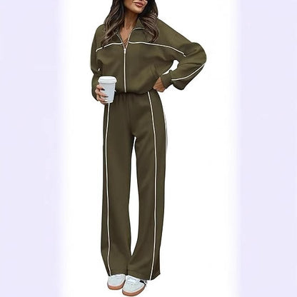 Long-sleeved Zip-up Top And Belted Straight-leg Pants Suit