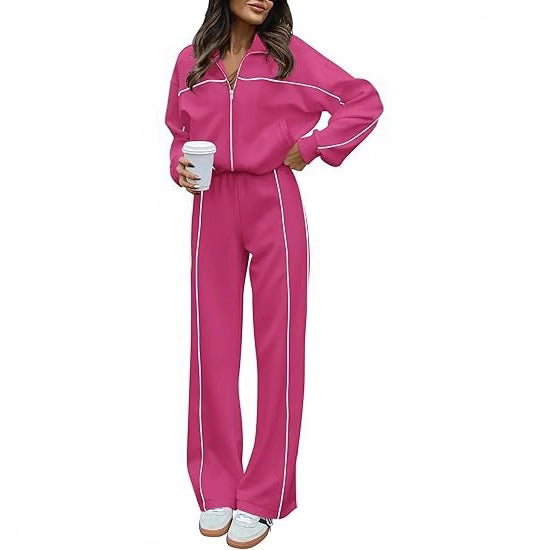 Long-sleeved Zip-up Top And Belted Straight-leg Pants Suit