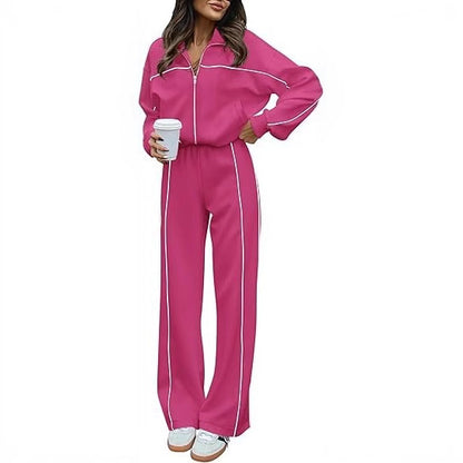 Long-sleeved Zip-up Top And Belted Straight-leg Pants Suit