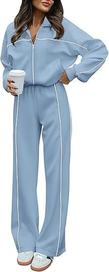 Long-sleeved Zip-up Top And Belted Straight-leg Pants Suit
