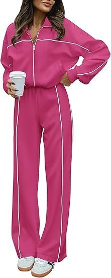 Long-sleeved Zip-up Top And Belted Straight-leg Pants Suit