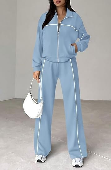 Long-sleeved Zip-up Top And Belted Straight-leg Pants Suit