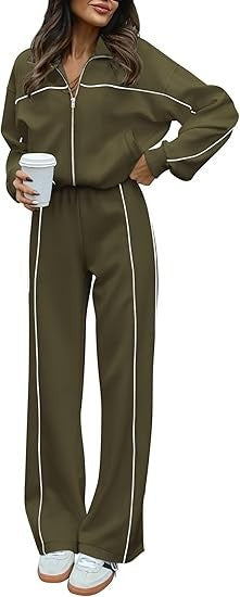 Long-sleeved Zip-up Top And Belted Straight-leg Pants Suit