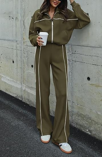 Long-sleeved Zip-up Top And Belted Straight-leg Pants Suit