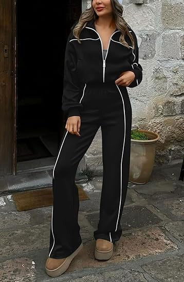 Long-sleeved Zip-up Top And Belted Straight-leg Pants Suit