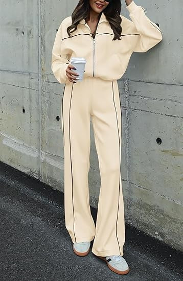 Long-sleeved Zip-up Top And Belted Straight-leg Pants Suit