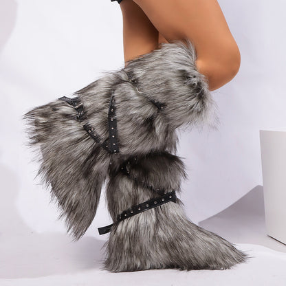Cross-belt Buckle Fur Boots