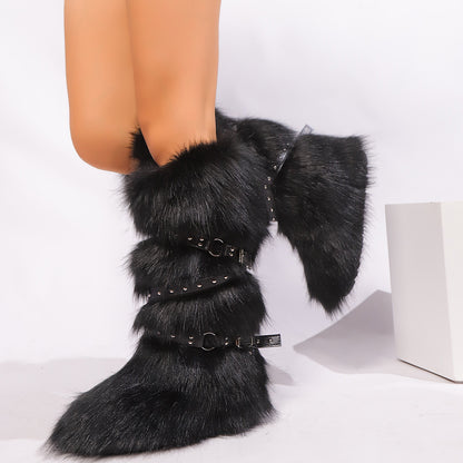 Cross-belt Buckle Fur Boots