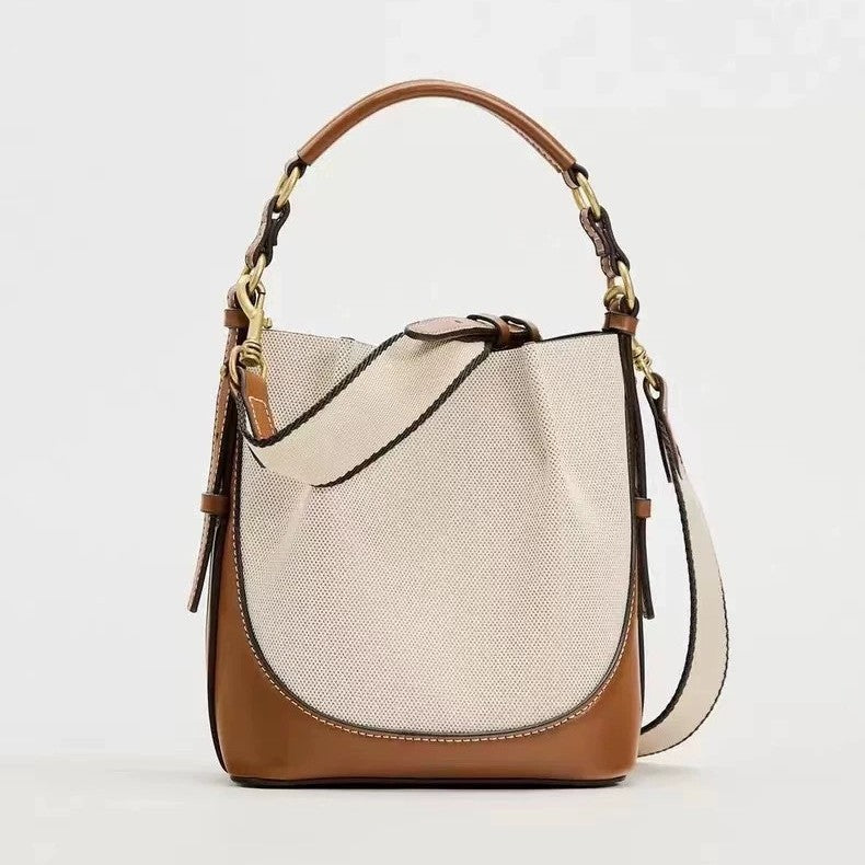 Stylish Drawstring Canvas Color-block Shoulder Bag