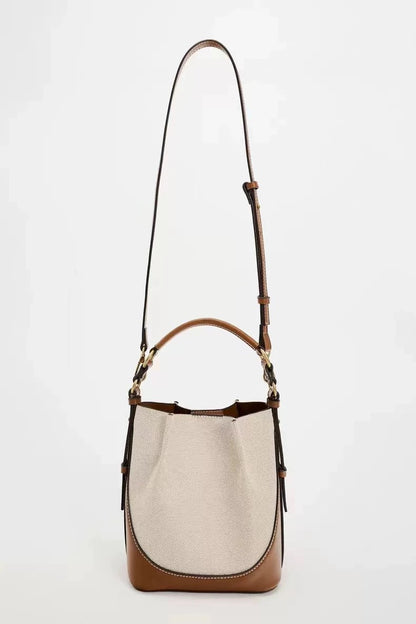Stylish Drawstring Canvas Color-block Shoulder Bag