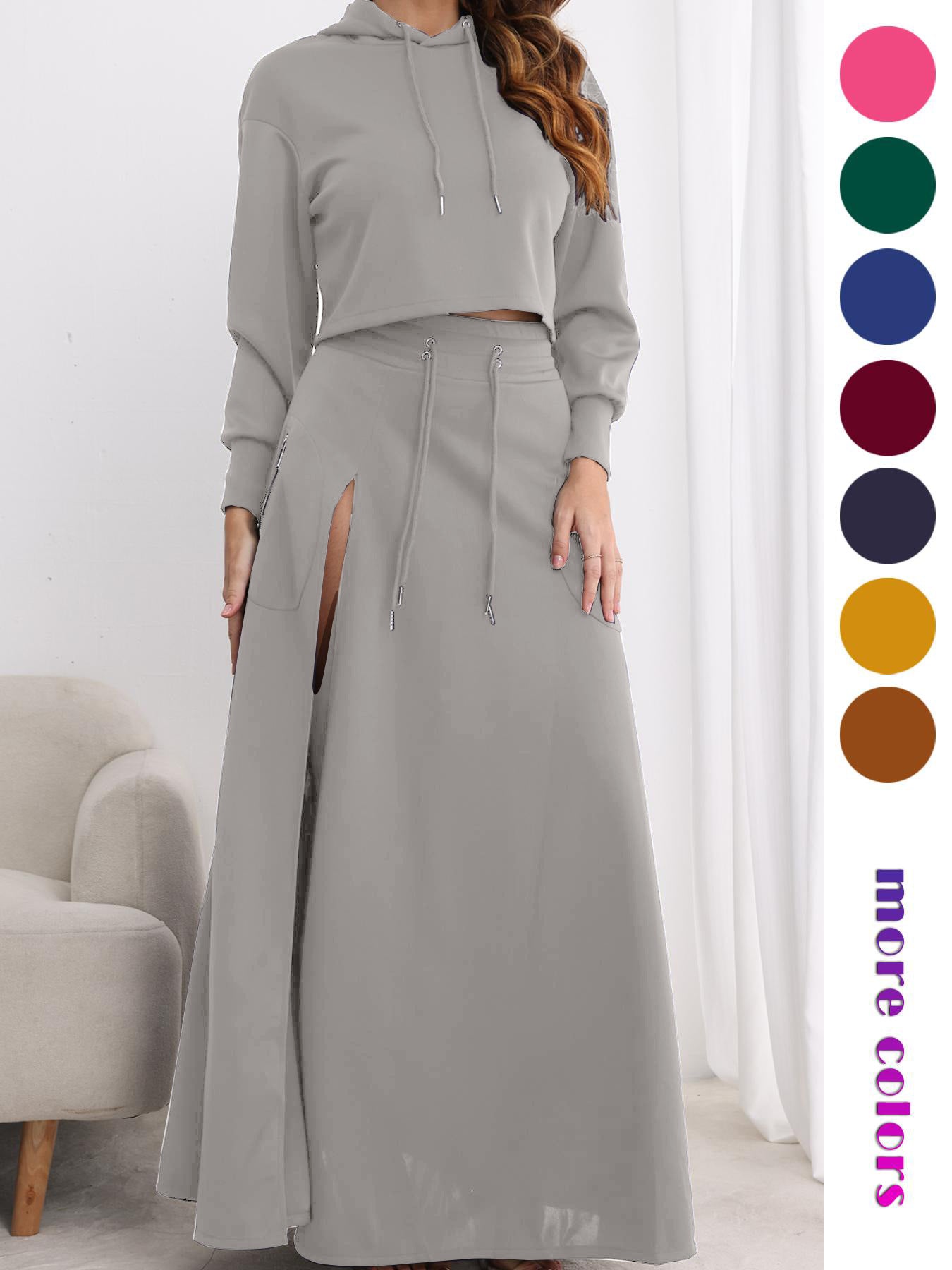Hooded Sweatshirt And Slit Maxi Skirt Set