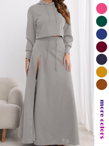 Hooded Sweatshirt And Slit Maxi Skirt Set
