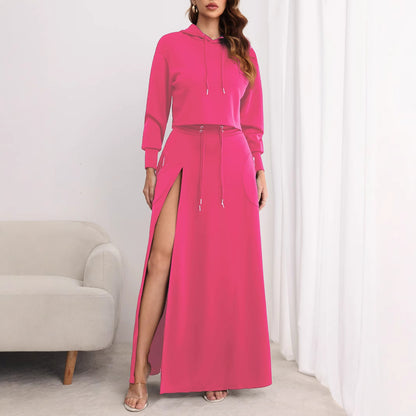Hooded Sweatshirt And Slit Maxi Skirt Set