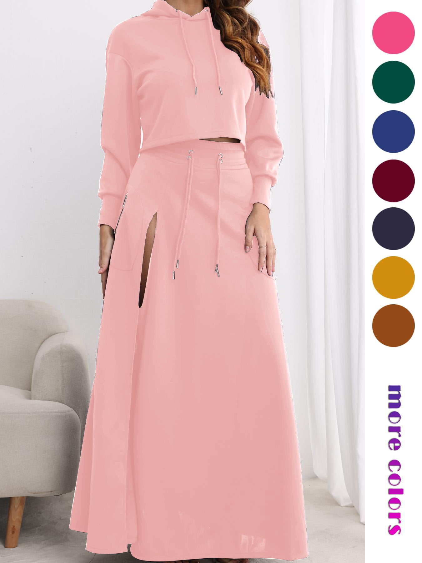 Hooded Sweatshirt And Slit Maxi Skirt Set