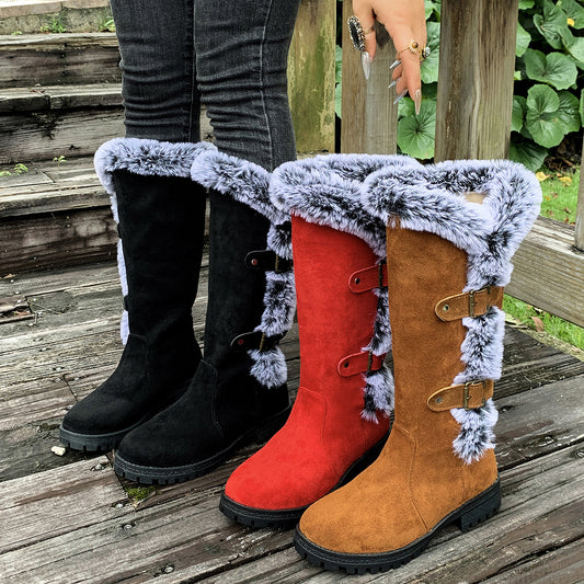 Women's Fleece-Lined Thick Chunky Heel High Snow Boots