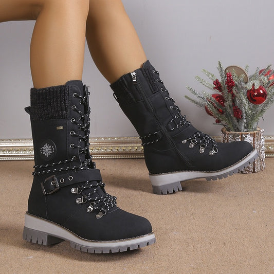 Chunky-heeled Knitted Patchwork Martin Boots
