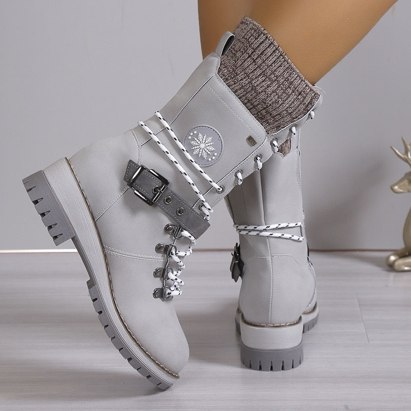 Chunky-heeled Knitted Patchwork Martin Boots