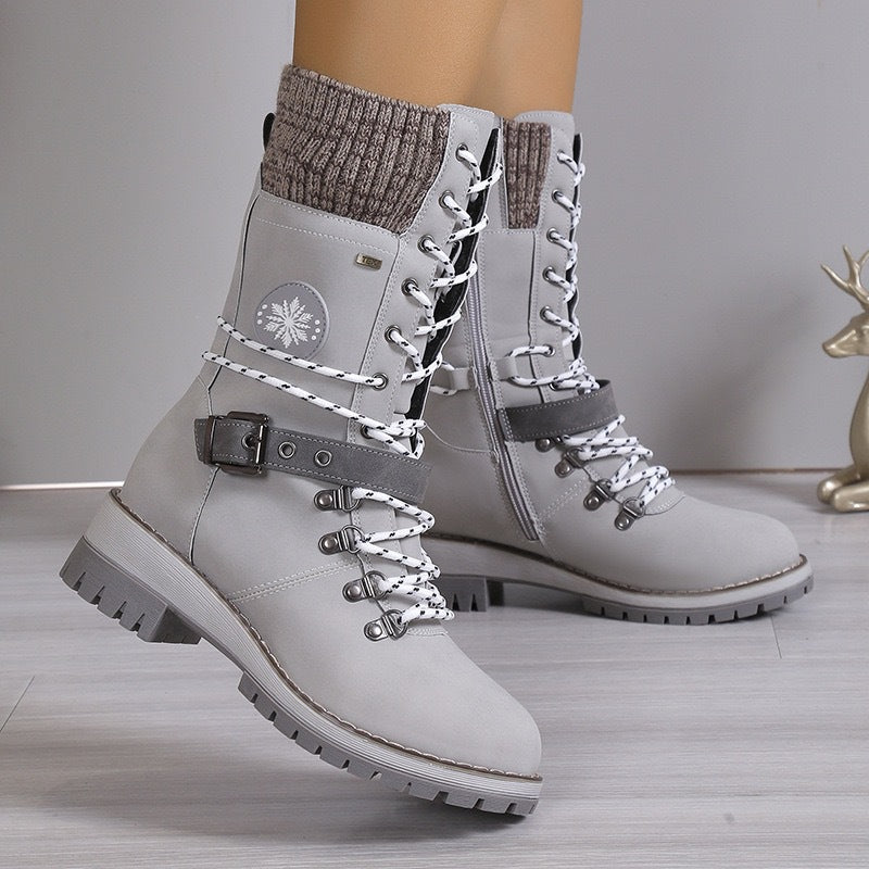 Chunky-heeled Knitted Patchwork Martin Boots