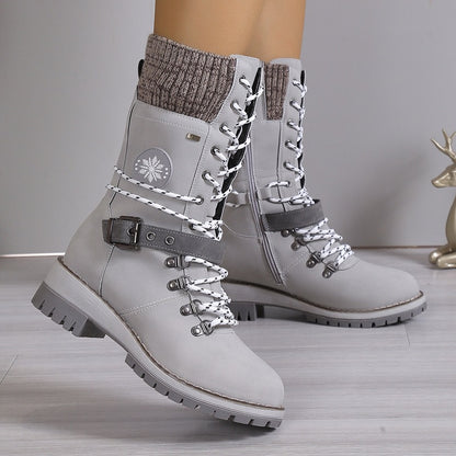 Chunky-heeled Knitted Patchwork Martin Boots