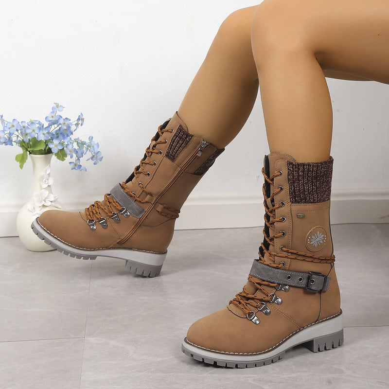 Chunky-heeled Knitted Patchwork Martin Boots