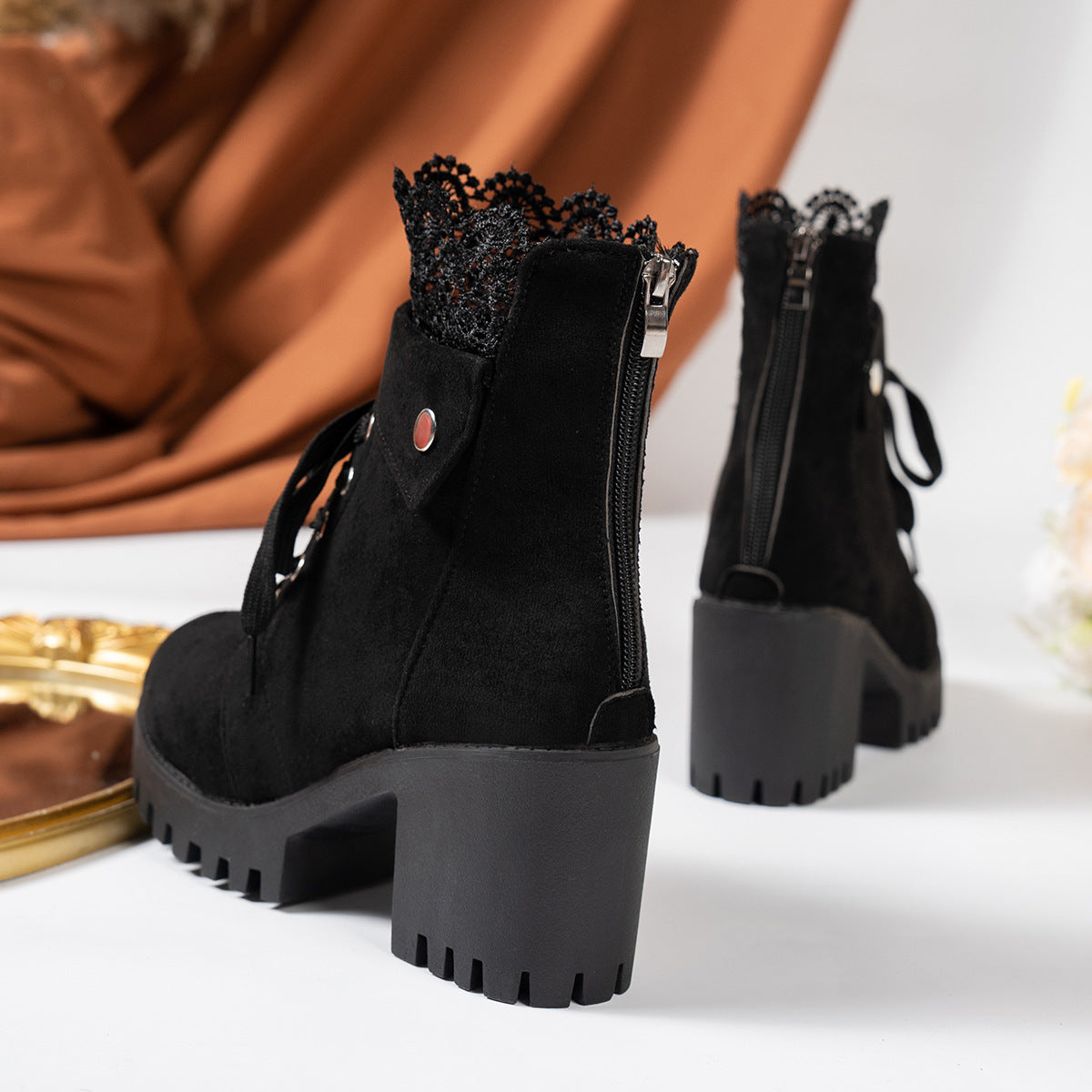 Zipper Design Embroidered Platform Ankle Boots