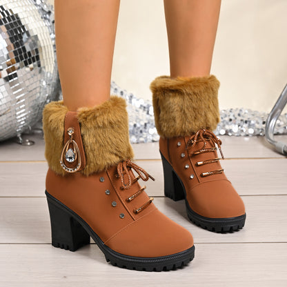 Fluffy Warm Rhinestone Ankle Snow Boots
